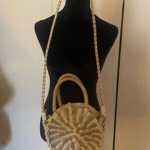 Tan Woven Crossbody Bag with Circular Design